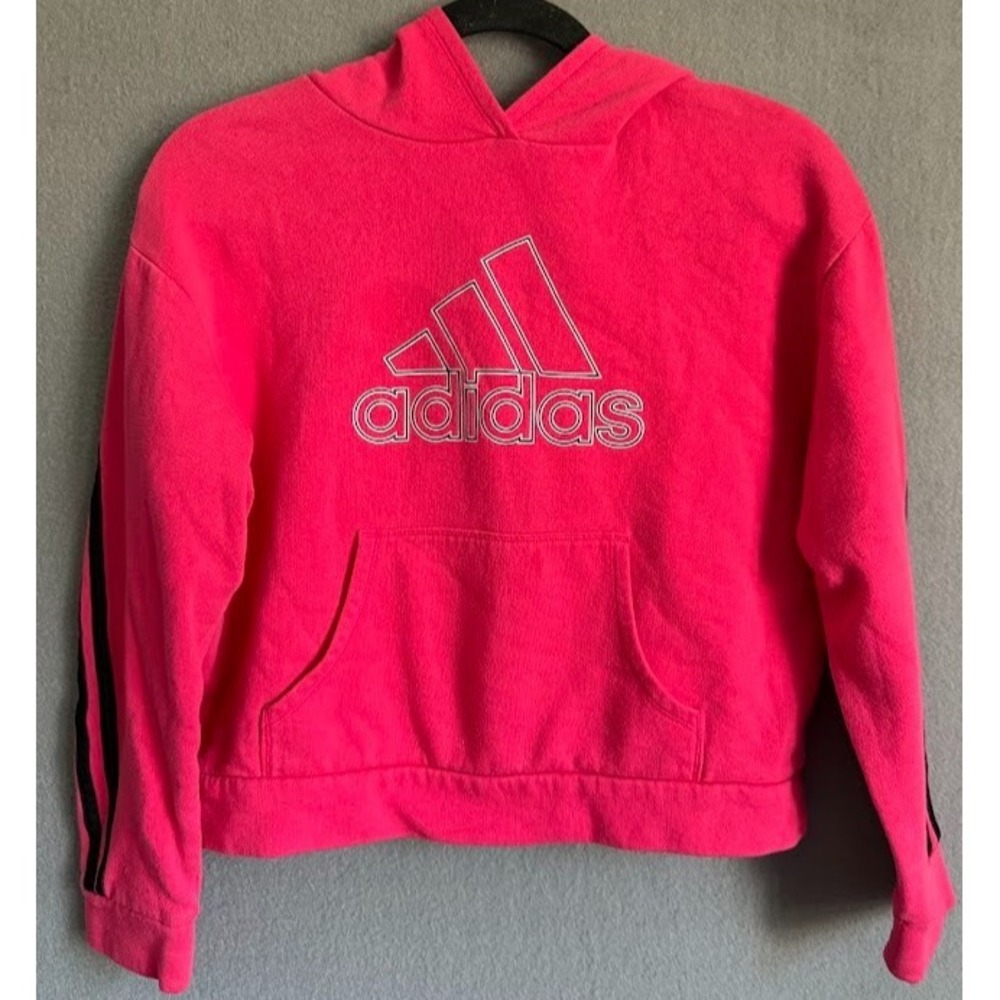 Adidas Youth Girls Crooped Hoodie M (10/12) Pink Logo 3 Stripe Pullover Pockets - Picture 1 of 14